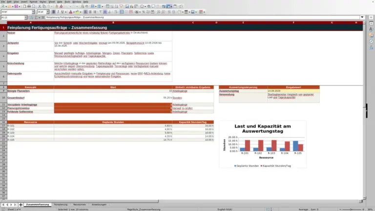 Vorschau: Feinplanung von Fertigungsaufträgen in Excel – Vorlage 2026