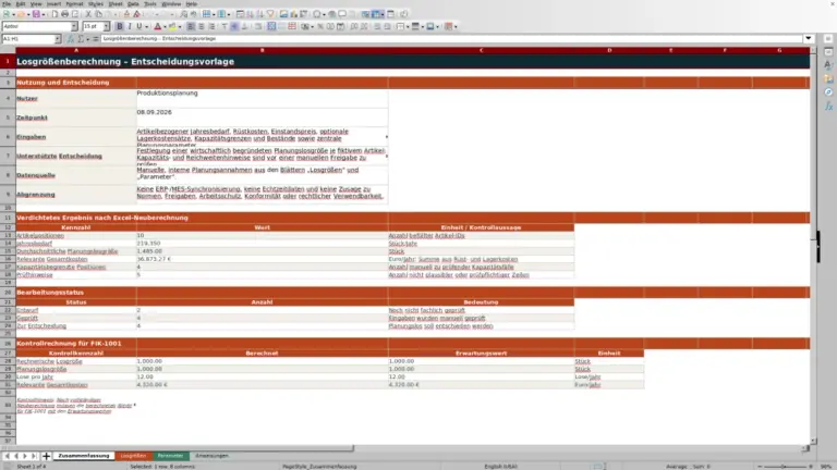 Vorschau: Losgrößenberechnung in Excel für die Produktionsplanung