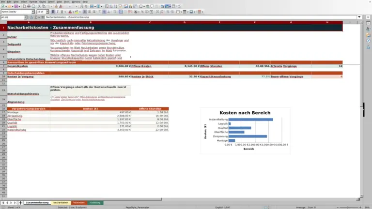 Vorschau: Nacharbeitskosten Excel: Vorlage für Fertigung und Produktion