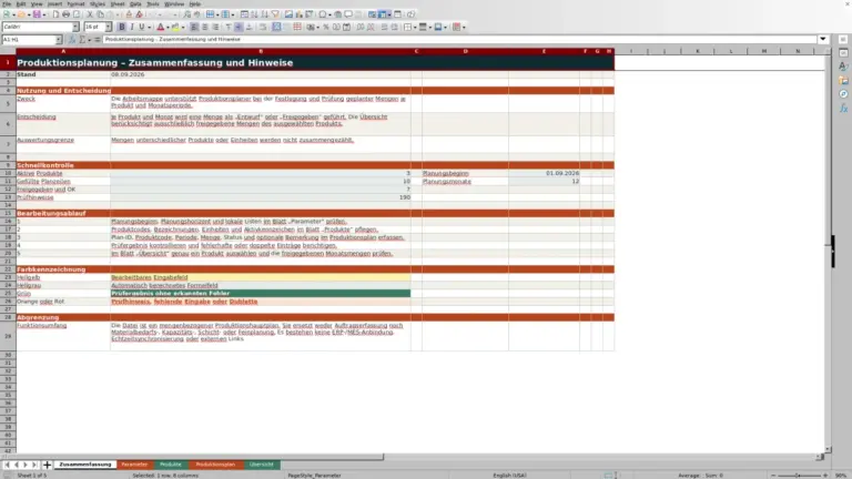 Vorschau: Produktionsplanung Excel: Vorlage für Produkte und Monatsmengen