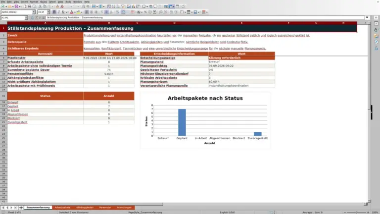 Vorschau: Stillstandsplanung Produktion mit Excel: Vorlage 2026